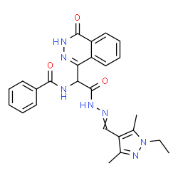 ChemSpider 2D Image | N-[2-{2-[(1-Ethyl-3,5-dimethyl-1H-pyrazol-4-yl)methylene]hydrazino}-2-oxo-1-(4-oxo-3,4-dihydro-1-phthalazinyl)ethyl]benzamide | C25H25N7O3