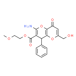 ChemSpider 2D Image | 2-Methoxyethyl 2-amino-6-(hydroxymethyl)-8-oxo-4-phenyl-4,8-dihydropyrano[3,2-b]pyran-3-carboxylate | C19H19NO7