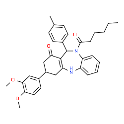 ChemSpider 2D Image | 3-(3,4-Dimethoxyphenyl)-10-hexanoyl-11-(4-methylphenyl)-2,3,4,5,10,11-hexahydro-1H-dibenzo[b,e][1,4]diazepin-1-one | C34H38N2O4