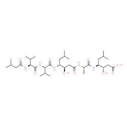 ChemSpider 2D Image | N-(3-Methylbutanoyl)-L-valyl-N-[(3R,4R)-1-{[(2S)-1-{[(2S,3S)-1-carboxy-2-hydroxy-5-methyl-3-hexanyl]amino}-1-oxo-2-propanyl]amino}-3-hydroxy-6-methyl-1-oxo-4-heptanyl]-L-valinamide | C34H63N5O9