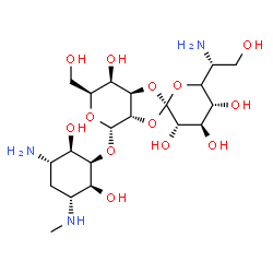 ChemSpider 2D Image | (2R,3'S,3aS,4S,4'R,5'R,6S,7R,7aR)-4-{[(1R,2R,3S,5R,6S)-3-Amino-2,6-dihydroxy-5-(methylamino)cyclohexyl]oxy}-6'-[(1R)-1-amino-2-hydroxyethyl]-6-(hydroxymethyl)octahydro-4H-spiro[1,3-dioxolo[4,5-c]pyran
-2,2'-pyran]-3',4',5',7-tetrol | C20H37N3O13