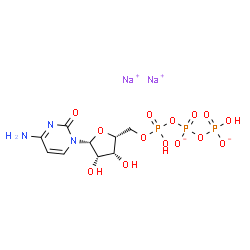 ChemSpider 2D Image | Disodium 4-amino-1-{5-O-[hydroxy({[(hydroxyphosphinato)oxy]phosphinato}oxy)phosphoryl]-beta-D-lyxofuranosyl}-2(1H)-pyrimidinone | C9H14N3Na2O14P3