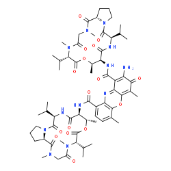 ChemSpider 2D Image | 2-Amino-N~1~-[(6S,9R,10S,13R,18aS)-6,13-diisopropyl-2,5,9-trimethyl-1,4,7,11,14-pentaoxohexadecahydro-1H-pyrrolo[2,1-i][1,4,7,10,13]oxatetraazacyclohexadecin-10-yl]-N~9~-[(6S,9S,10S,13R,18aR)-6,13-dii
sopropyl-2,5,9-trimethyl-1,4,7,11,14-pentaoxohexadecahydro-1H-pyrrolo[2,1-i][1,4,7,10,13]oxatetraazacyclohexadecin-10-yl]-4,6-dimethyl-3-oxo-3H-phenoxazine-1,9-dicarboxamide | C62H86N12O16