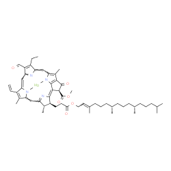 ChemSpider 2D Image | [Methyl (3S,4S,21S)-14-ethyl-13-formyl-4,8,18-trimethyl-20-oxo-3-(3-oxo-3-{[(2E,7S,11S)-3,7,11,15-tetramethyl-2-hexadecen-1-yl]oxy}propyl)-9-vinyl-21-phorbinecarboxylatato(2-)-kappa~2~N,N']magnesium | C55H70MgN4O6