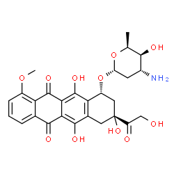 ChemSpider 2D Image | (1R,3R)-3-Glycoloyl-3,5,12-trihydroxy-10-methoxy-6,11-dioxo-1,2,3,4,6,11-hexahydro-1-tetracenyl 3-amino-2,3,6-trideoxy-alpha-L-xylo-hexopyranoside | C27H29NO11