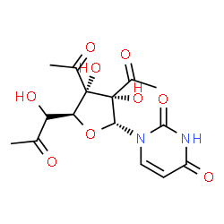 ChemSpider 2D Image | 1-{(2R,3S,4S,5S)-3,4-Diacetyl-3,4-dihydroxy-5-[(1R)-1-hydroxy-2-oxopropyl]tetrahydro-2-furanyl}-2,4(1H,3H)-pyrimidinedione | C15H18N2O9