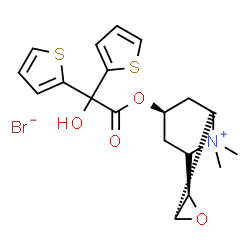 ChemSpider 2D Image | (1S,2R,4R,5S)-7-[2-Hydroxy(di-2-thienyl)acetoxy]-9,9-dimethyl-3-oxa-9-azoniatricyclo[3.3.1.0~2,4~]nonane bromide | C19H22BrNO4S2