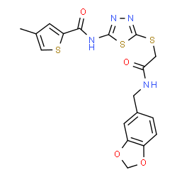 ChemSpider 2D Image | N-[5-({2-[(1,3-Benzodioxol-5-ylmethyl)amino]-2-oxoethyl}sulfanyl)-1,3,4-thiadiazol-2-yl]-4-methyl-2-thiophenecarboxamide | C18H16N4O4S3