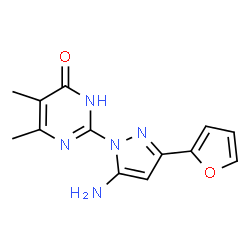 ChemSpider 2D Image | 2-[5-Amino-3-(2-furyl)-1H-pyrazol-1-yl]-5,6-dimethyl-4(1H)-pyrimidinone | C13H13N5O2
