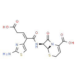 ChemSpider 2D Image | (6S,7S)-7-{[(2E)-2-(2-Amino-1,3-thiazol-4-yl)-4-carboxy-2-butenoyl]amino}-8-oxo-5-thia-1-azabicyclo[4.2.0]oct-2-ene-2-carboxylic acid | C15H14N4O6S2