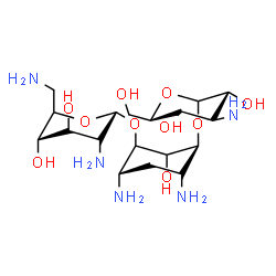 ChemSpider 2D Image | (1S,4S,6R)-4,6-Diamino-3-{[(5xi)-2,6-diamino-2,6-dideoxy-alpha-D-xylo-hexopyranosyl]oxy}-2-hydroxycyclohexyl 3-amino-3-deoxy-D-glucopyranoside | C18H37N5O10