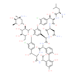 ChemSpider 2D Image | (1S,2R,18R,19R,22S,25R,28R,40S)-22-(2-Amino-2-oxoethyl)-48-{[(5xi)-2-O-(3-amino-2,3,6-trideoxy-3-methyl-alpha-L-lyxo-hexopyranosyl)-beta-D-xylo-hexopyranosyl]oxy}-5,15-dichloro-2,18,32,35,37-pentahydr
oxy-19-[(N-methyl-D-leucyl)amino]-20,23,26,42,44-pentaoxo-7,13-dioxa-21,24,27,41,43-pentaazaoctacyclo[26.14.2.2~3,6~.2~14,17~.1~8,12~.1~29,33~.0~10,25~.0~34,39~]pentaconta-3,5,8(48),9,11,14,16,29(45),
30,32,34,36,38,46,49-pentadecaene-40-carboxy | C66H75Cl2N9O24
