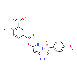 ChemSpider 2D Image | 5-Amino-1-[(4-methoxyphenyl)sulfonyl]-1H-pyrazol-3-yl 4-methoxy-3-nitrobenzoate | C18H16N4O8S