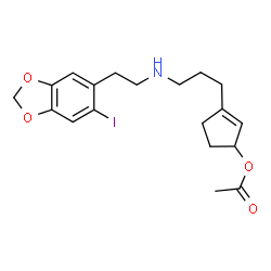 ChemSpider 2D Image | 3-(3-{[2-(6-Iodo-1,3-benzodioxol-5-yl)ethyl]amino}propyl)-2-cyclopenten-1-yl acetate | C19H24INO4