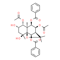 ChemSpider 2D Image | (1S,2S,4S,5R,6S,7R,8S,9R,12R)-5,8-Diacetoxy-2,4-dihydroxy-2,6,10,10-tetramethyl-11-oxatricyclo[7.2.1.0~1,6~]dodecane-7,12-diyl dibenzoate | C33H38O11