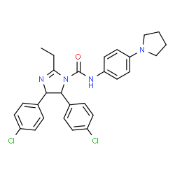 ChemSpider 2D Image | 4,5-Bis(4-chlorophenyl)-2-ethyl-N-[4-(1-pyrrolidinyl)phenyl]-4,5-dihydro-1H-imidazole-1-carboxamide | C28H28Cl2N4O