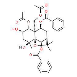 ChemSpider 2D Image | (1S,2S,4S,5R,6R,7S,9R,12R)-5-Acetoxy-6-(acetoxymethyl)-2,4-dihydroxy-2,10,10-trimethyl-11-oxatricyclo[7.2.1.0~1,6~]dodecane-7,12-diyl dibenzoate | C33H38O11