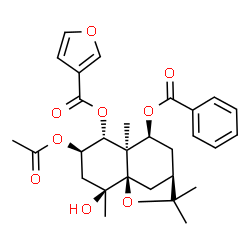 ChemSpider 2D Image | (1R,2S,4R,5R,6R,7S,9R)-4-Acetoxy-7-(benzoyloxy)-2-hydroxy-2,6,10,10-tetramethyl-11-oxatricyclo[7.2.1.0~1,6~]dodec-5-yl 3-furoate | C29H34O9