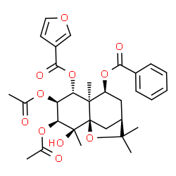 ChemSpider 2D Image | (1R,2S,3S,4S,5R,6R,7S,9R)-3,4-Diacetoxy-7-(benzoyloxy)-2-hydroxy-2,6,10,10-tetramethyl-11-oxatricyclo[7.2.1.0~1,6~]dodec-5-yl 3-furoate | C31H36O11