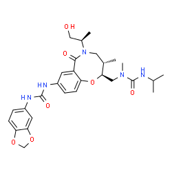 ChemSpider 2D Image | 1-(1,3-Benzodioxol-5-yl)-3-[(2S,3S)-5-[(2R)-1-hydroxy-2-propanyl]-2-{[(isopropylcarbamoyl)(methyl)amino]methyl}-3-methyl-6-oxo-3,4,5,6-tetrahydro-2H-1,5-benzoxazocin-8-yl]urea | C28H37N5O7