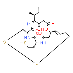 ChemSpider 2D Image | (1S,5S,6R,9S,15E,20R)-6-[(2S)-2-Butanyl]-5-hydroxy-20-[2-(methylsulfanyl)ethyl]-2-oxa-11,12-dithia-7,19,22-triazabicyclo[7.7.6]docos-15-ene-3,8,18,21-tetrone | C23H37N3O6S3