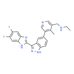 ChemSpider 2D Image | N-({5-[3-(5,6-Difluoro-1H-benzimidazol-2-yl)-1H-indazol-5-yl]-4-methyl-3-pyridinyl}methyl)ethanamine | C23H20F2N6