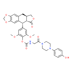 ChemSpider 2D Image | 2,6-Dimethoxy-4-[(5R,5aR,8aR)-6-oxo-5,5a,6,8,8a,9-hexahydrofuro[3',4':6,7]naphtho[2,3-d][1,3]dioxol-5-yl]phenyl {2-[4-(4-hydroxyphenyl)-1-piperazinyl]-2-oxoethyl}carbamate | C34H35N3O10