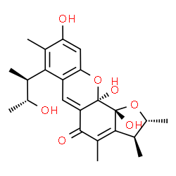 ChemSpider 2D Image | (2R,3S,11aR,11bR)-9,11a,11b-Trihydroxy-7-[(2S,3R)-3-hydroxy-2-butanyl]-2,3,4,8-tetramethyl-2,3,11a,11b-tetrahydro-5H-furo[3,2-c]xanthen-5-one | C23H28O7