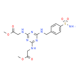 ChemSpider 2D Image | Dimethyl 2,2'-({6-[(4-sulfamoylbenzyl)amino]-1,3,5-triazine-2,4-diyl}diimino)diacetate | C16H21N7O6S