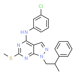 ChemSpider 2D Image | N-(3-chlorophenyl)-6-methylsulfanyl-1-(2-phenylpropyl)pyrazolo[3,4-d]pyrimidin-4-amine | C21H20ClN5S