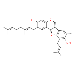 ChemSpider 2D Image | (6aR,11aR)-2-[(2E)-3,7-Dimethyl-2,6-octadien-1-yl]-8-methyl-10-(3-methyl-2-buten-1-yl)-6a,11a-dihydro-6H-[1]benzofuro[3,2-c]chromene-3,9-diol | C31H38O4