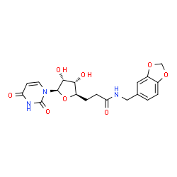 ChemSpider 2D Image | N-(1,3-Benzodioxol-5-ylmethyl)-3-[(2R,3S,4R,5R)-5-(2,4-dioxo-3,4-dihydro-1(2H)-pyrimidinyl)-3,4-dihydroxytetrahydro-2-furanyl]propanamide | C19H21N3O8