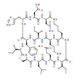 ChemSpider 2D Image | N-({(4S)-2-[(1R,2S)-1-Amino-2-methylbutyl]-4,5-dihydro-1,3-thiazol-4-yl}carbonyl)-D-leucyl-L-alpha-glutamyl-N-[(3R,6S,9R,12S,15R,18S,21R)-3-(2-amino-2-oxoethyl)-18-(3-aminopropyl)-12-benzyl-15-[(2S)-2
-butanyl]-6-(carboxymethyl)-9-(1H-imidazol-4-ylmethyl)-2,5,8,11,14,17,20-heptaoxo-1,4,7,10,13,16,19-heptaazacyclopentacosan-21-yl]-D-alloisoleucinamide | C66H103N17O16S