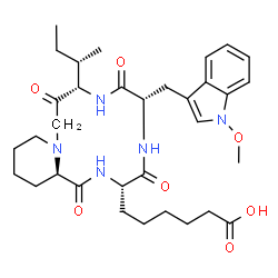 ChemSpider 2D Image | 6-{(3S,6S,9S,16aR)-9-[(2S)-2-Butanyl]-6-[(1-methoxy-1H-indol-3-yl)methyl]-1,4,7,10-tetraoxohexadecahydropyrido[1,2-a][1,4,7,10]tetraazacyclotridecin-3-yl}hexanoic acid | C33H47N5O7