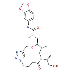ChemSpider 2D Image | 3-(1,3-benzodioxol-5-yl)-1-[[(8R,9R)-6-[(2R)-1-hydroxypropan-2-yl]-8-methyl-5-oxo-10-oxa-1,6,13,14-tetrazabicyclo[10.2.1]pentadeca-12(15),13-dien-9-yl]methyl]-1-methylurea | C24H34N6O6