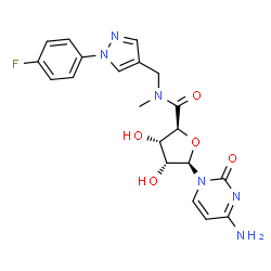 ChemSpider 2D Image | (2S,3S,4R,5R)-5-(4-Amino-2-oxo-1(2H)-pyrimidinyl)-N-{[1-(4-fluorophenyl)-1H-pyrazol-4-yl]methyl}-3,4-dihydroxy-N-methyltetrahydro-2-furancarboxamide | C20H21FN6O5