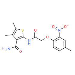 ChemSpider 2D Image | 4,5-Dimethyl-2-{[(4-methyl-2-nitrophenoxy)acetyl]amino}-3-thiophenecarboxamide | C16H17N3O5S