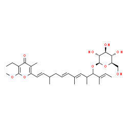 ChemSpider 2D Image | (2E,6E,8E,12E)-13-(5-Ethyl-6-methoxy-3-methyl-4-oxo-4H-pyran-2-yl)-3,5,7,11-tetramethyl-2,6,8,12-tridecatetraen-4-yl beta-D-glucopyranoside | C32H48O9
