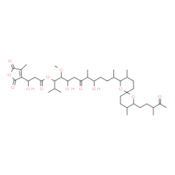 ChemSpider 2D Image | 12-[3,9-Dimethyl-8-(3-methyl-4-oxopentyl)-1,7-dioxaspiro[5.5]undec-2-yl]-5,9-dihydroxy-4-methoxy-2,8-dimethyl-7-oxo-3-tridecanyl 3-hydroxy-3-(4-methyl-2,5-dioxo-2,5-dihydro-3-furanyl)propanoate | C41H66O13