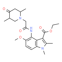 ChemSpider 2D Image | Ethyl 4-{[(2,5-dimethyl-4-oxo-1-piperidinyl)acetyl]amino}-5-methoxy-1,2-dimethyl-1H-indole-3-carboxylate | C23H31N3O5