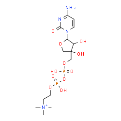 ChemSpider 2D Image | 2-{[{[{[5-(4-Amino-2-oxo-1(2H)-pyrimidinyl)-3,4-dihydroxytetrahydro-3-furanyl]methoxy}(hydroxy)phosphoryl]oxy}(hydroxy)phosphoryl]oxy}-N,N,N-trimethylethanaminium | C14H27N4O11P2