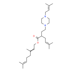 ChemSpider 2D Image | 3,7-Dimethyl-2,6-octadien-1-yl 5-methyl-2-{2-[4-(3-methyl-2-buten-1-yl)-1-piperazinyl]ethyl}-4-hexenoate | C28H48N2O2