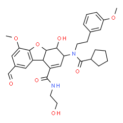ChemSpider 2D Image | 3-{(Cyclopentylcarbonyl)[2-(3-methoxyphenyl)ethyl]amino}-8-formyl-4-hydroxy-N-(2-hydroxyethyl)-6-methoxy-3,4,4a,9b-tetrahydrodibenzo[b,d]furan-1-carboxamide | C32H38N2O8