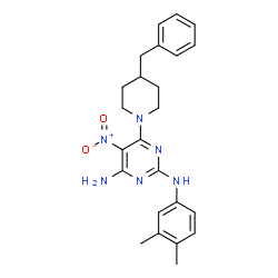 ChemSpider 2D Image | 6-(4-Benzyl-1-piperidinyl)-N~2~-(3,4-dimethylphenyl)-5-nitro-2,4-pyrimidinediamine | C24H28N6O2