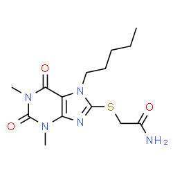 ChemSpider 2D Image | 2-[(1,3-Dimethyl-2,6-dioxo-7-pentyl-2,3,6,7-tetrahydro-1H-purin-8-yl)sulfanyl]acetamide | C14H21N5O3S
