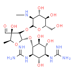 ChemSpider 2D Image | 1,1'-[(1S,2S,3R,4S,5S,6R)-4-({5-Deoxy-2-O-[2-deoxy-2-(methylamino)-beta-L-glucopyranosyl]-3-C-formyl-alpha-L-xylofuranosyl}oxy)-2,5,6-trihydroxy-1,3-cyclohexanediyl]diguanidine | C21H39N7O12