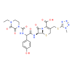 ChemSpider 2D Image | (6S,7S)-7-{[{[(4-Ethyl-2,3-dioxo-1-piperazinyl)carbonyl]amino}(4-hydroxyphenyl)acetyl]amino}-3-{[(1-methyl-1H-tetrazol-5-yl)sulfanyl]methyl}-8-oxo-5-thia-1-azabicyclo[4.2.0]oct-2-ene-2-carboxylic acid | C25H27N9O8S2