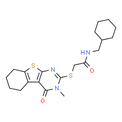 ChemSpider 2D Image | N-(Cyclohexylmethyl)-2-[(3-methyl-4-oxo-3,4,5,6,7,8-hexahydro[1]benzothieno[2,3-d]pyrimidin-2-yl)sulfanyl]acetamide | C20H27N3O2S2