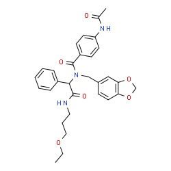 ChemSpider 2D Image | 4-Acetamido-N-(1,3-benzodioxol-5-ylmethyl)-N-{2-[(3-ethoxypropyl)amino]-2-oxo-1-phenylethyl}benzamide | C30H33N3O6