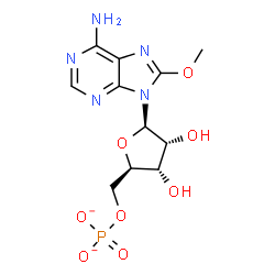 ChemSpider 2D Image | [(2R,3S,4R,5R)-5-(6-amino-8-methoxy-purin-9-yl)-3,4-dihydroxy-tetrahydrofuran-2-yl]methyl phosphate | C11H14N5O8P